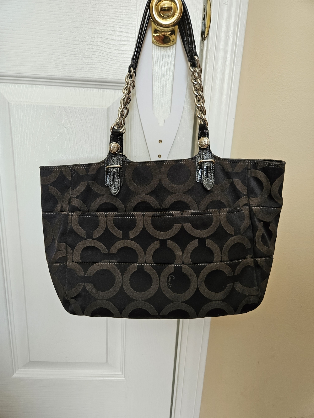 Coach Black Signature Circle Tote with Chain-Accent Straps